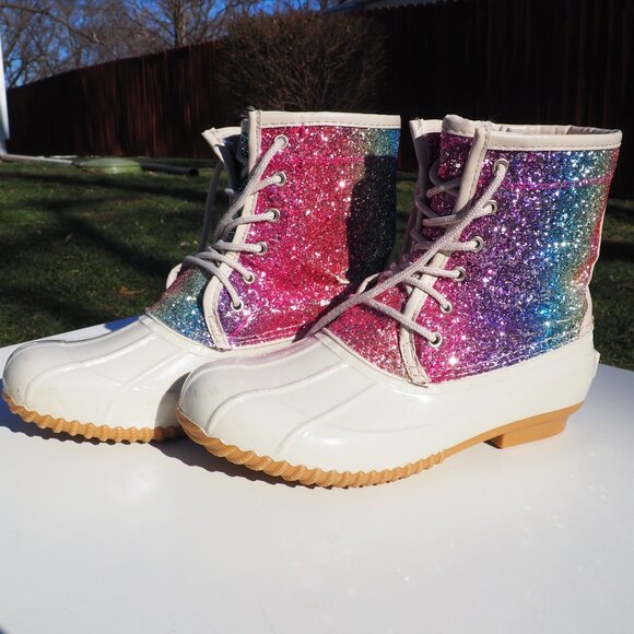 Sugar Women's Rainbow Sparkle Glitter Duck Boots Size 9 - Picture 4 of 10